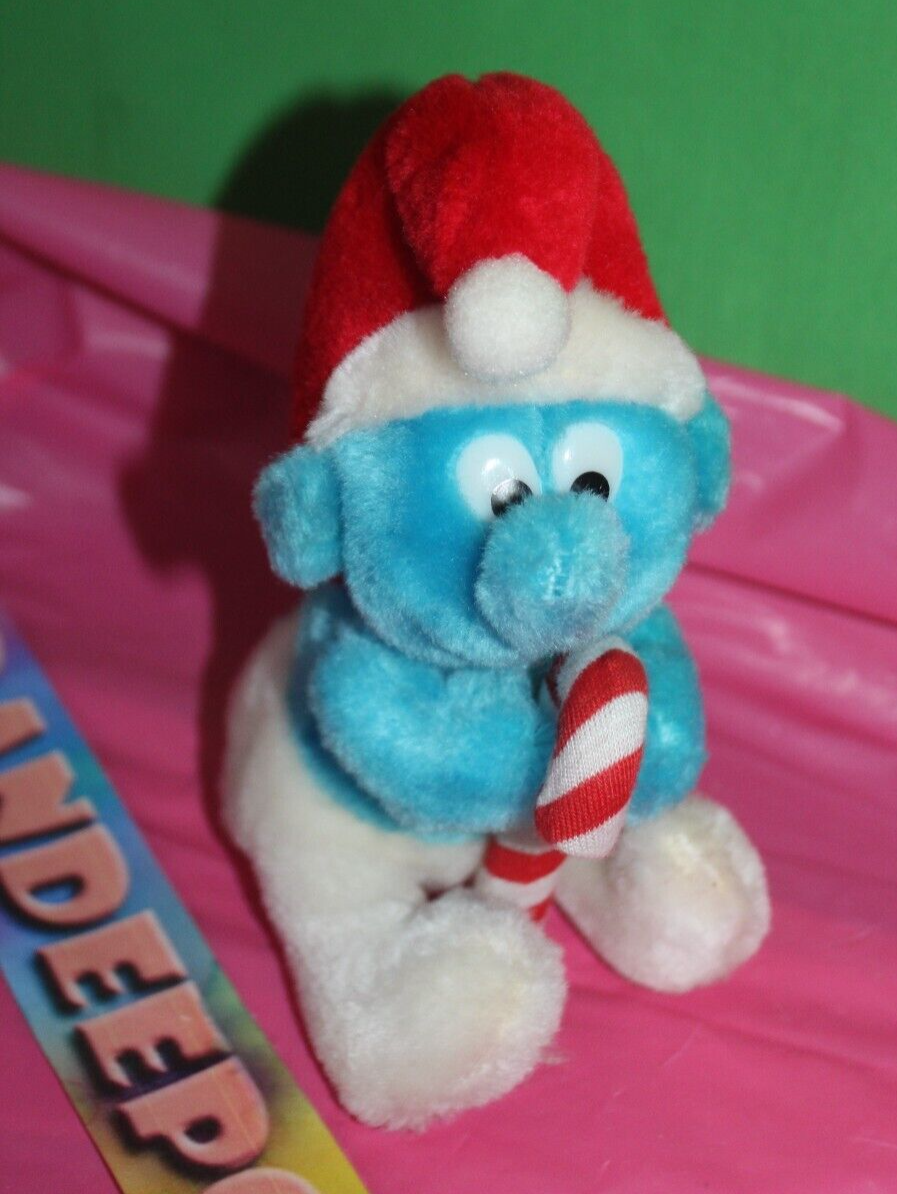 Vintage Peyo Smurf Stuffed plush Toy With Candy Cane Wallace Berrie 5