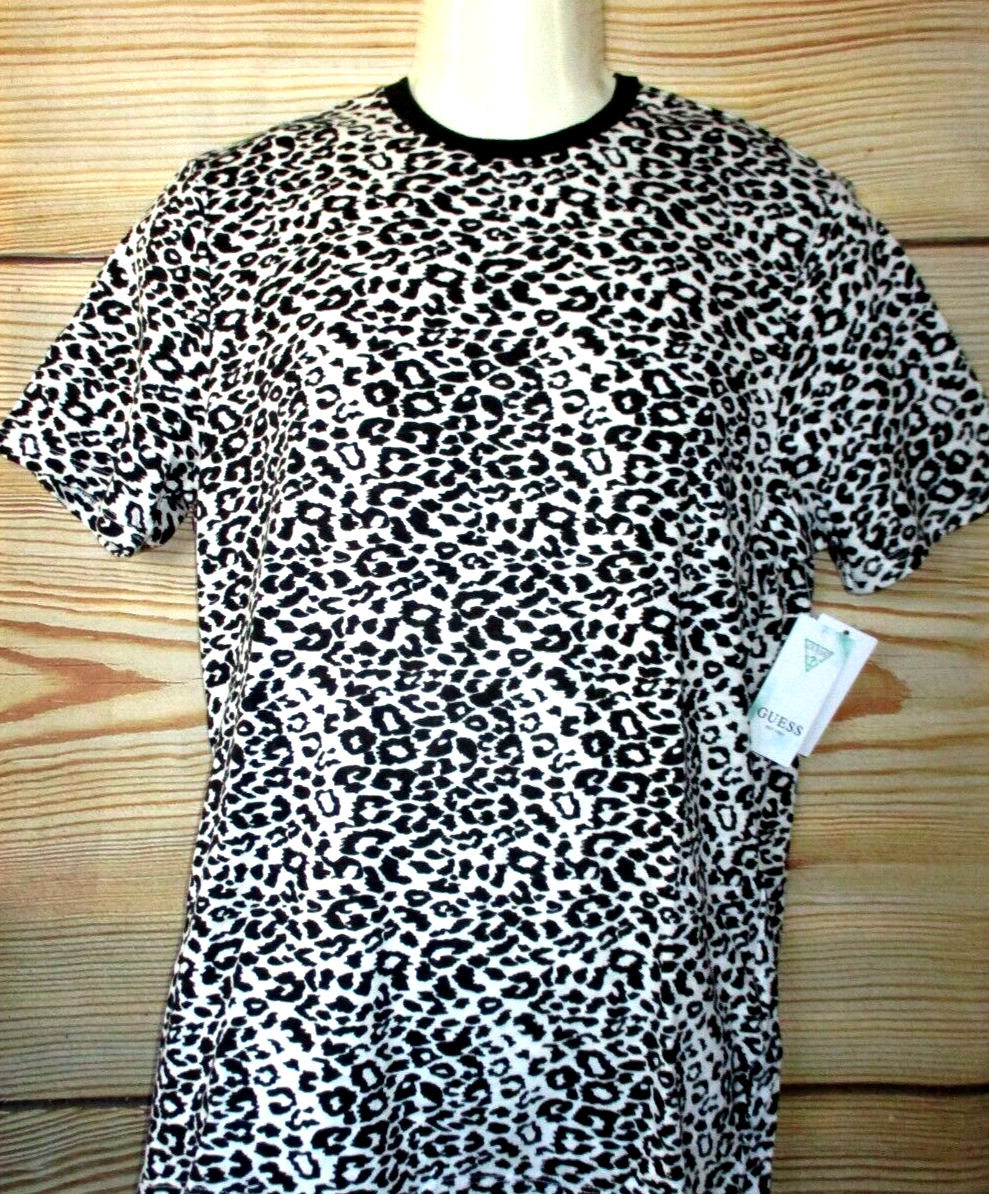MENS GUESS CHEETAH LEOPARD ANIMAL PRINT WHITE BLACK LINEN T
