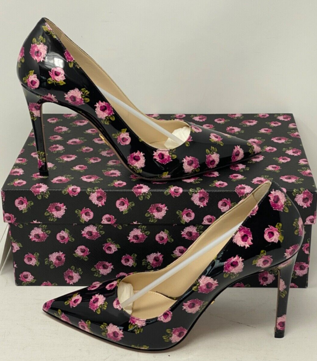 【PRADA】lady's 厚底heelスリッパ ミュール black／white／pink PRADA Shoes Black Leather Floral Heels Stilettos Pumps EU39