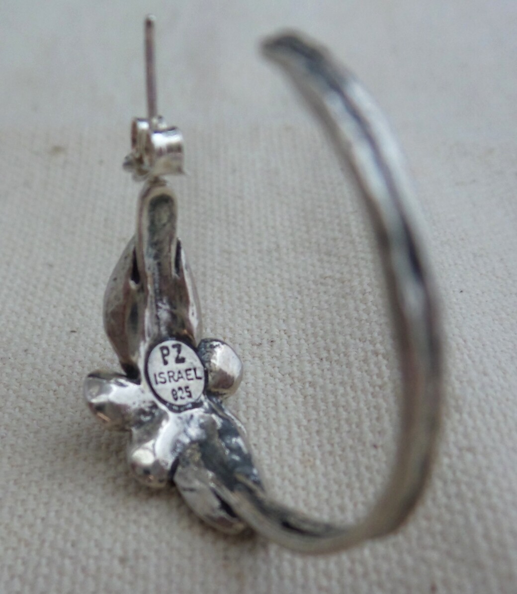 NICE 925 Sterling Silver OR PAZ PZ Israel Large Floral Hoop Earrings w Pearls