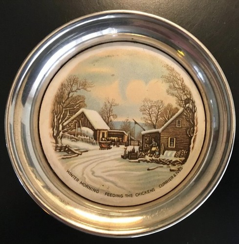 CURRIER & IVES Four Season Sheridan Silver Plate Porcelain Coasters ~ Set of (4)