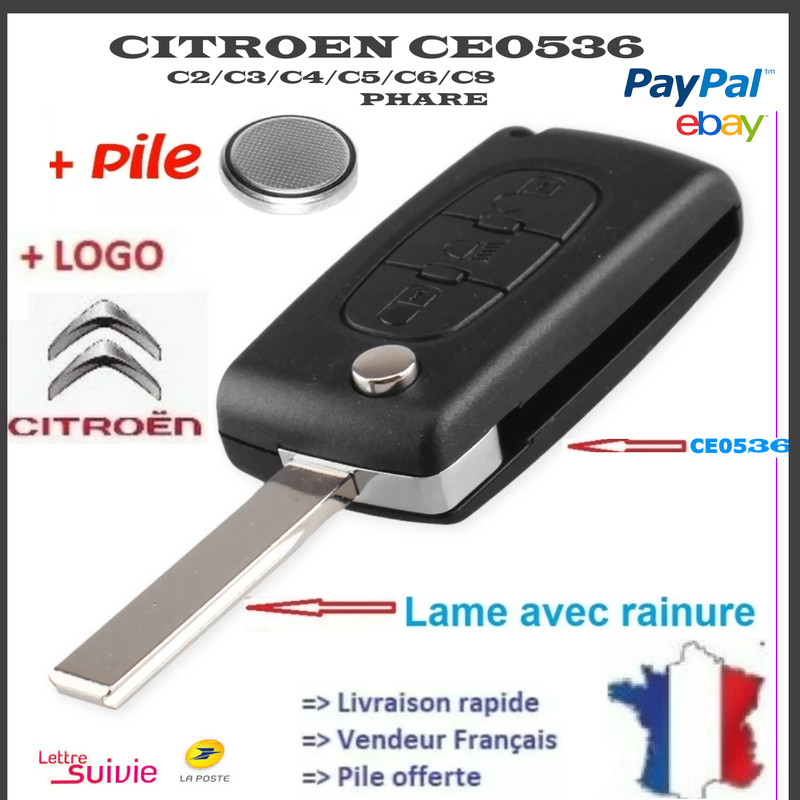 Coque Cle Plip CitroÃ«N C4 Picasso Lame Avec Rainure 3 Boutons (Phare) RÃF:Ce0536