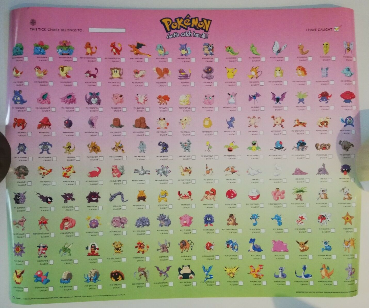Official Nintendo 2000 Pokemon Characters Tick Chart Shop