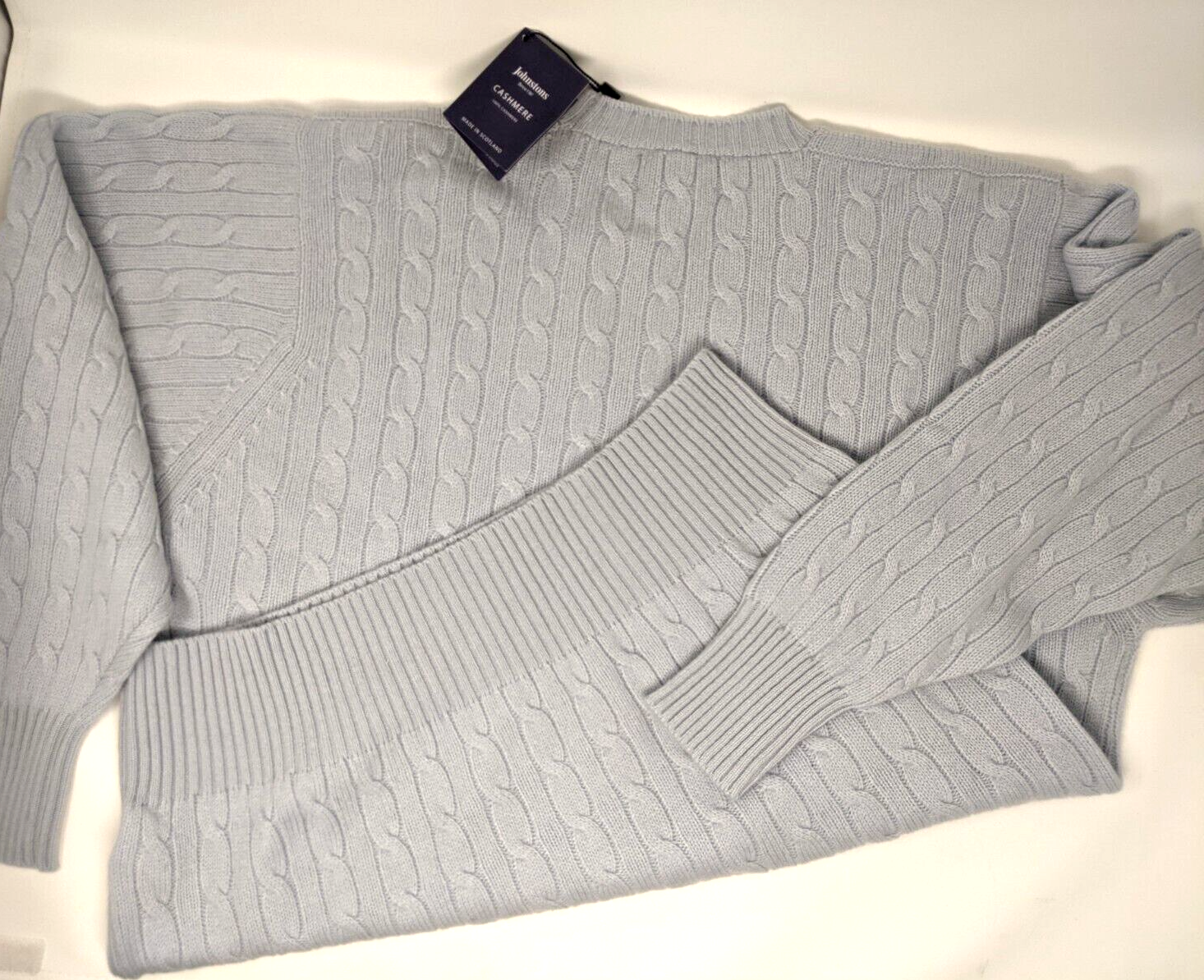 Pre-owned Johnstons Of Scotland 2 Ply Cable Rib Cashmere Sweater Men L $575.00 Orig. In Pale Pale Blue