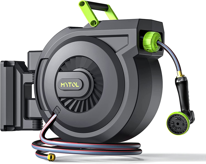 Retractable Garden Hose Reel, 5/8 Inch X 82 Ft + 6 Ft Wall Mounted Water Hose Re