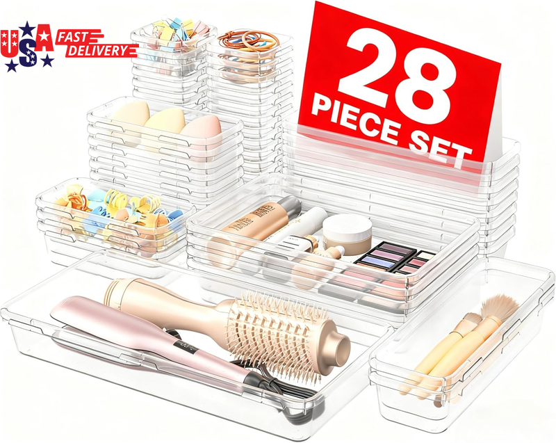 28-Piece Drawer Organizer Set 5 Sizes Clear Plastic Makeup Organizer Trays Holds 177 Items Bathroom Vanity Organizers and Storage, Desk Drawer Dividers for Kitchen Utensils, Office Supplies, Jewelry, Bedroom Dresser, Pantry, Craft Room – Non-Slip, Stackable, BPA-Free Storage Bins