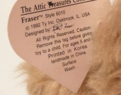 TY BEANIE 1992 ATTIC TREASURES – 1st Generation Fraser Artist Hang Tag – RETIRED
