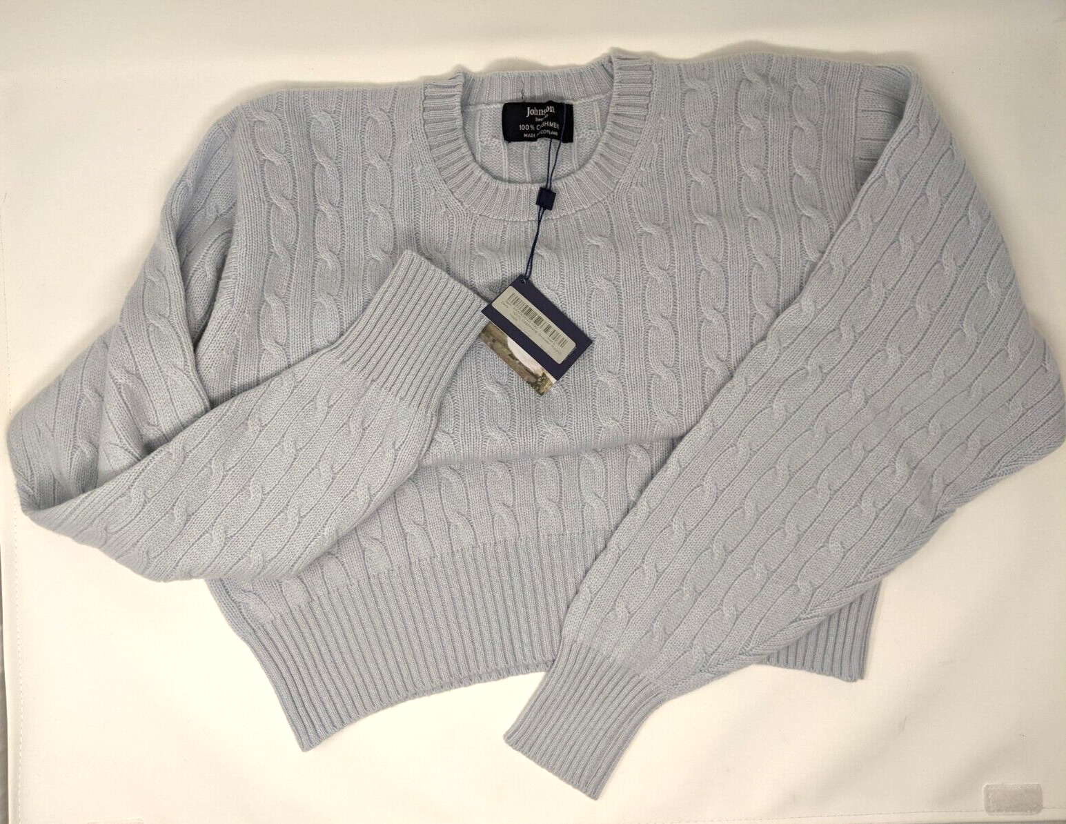 Pre-owned Johnstons Of Scotland 2 Ply Cable Rib Cashmere Sweater Men L $575.00 Orig. In Pale Pale Blue