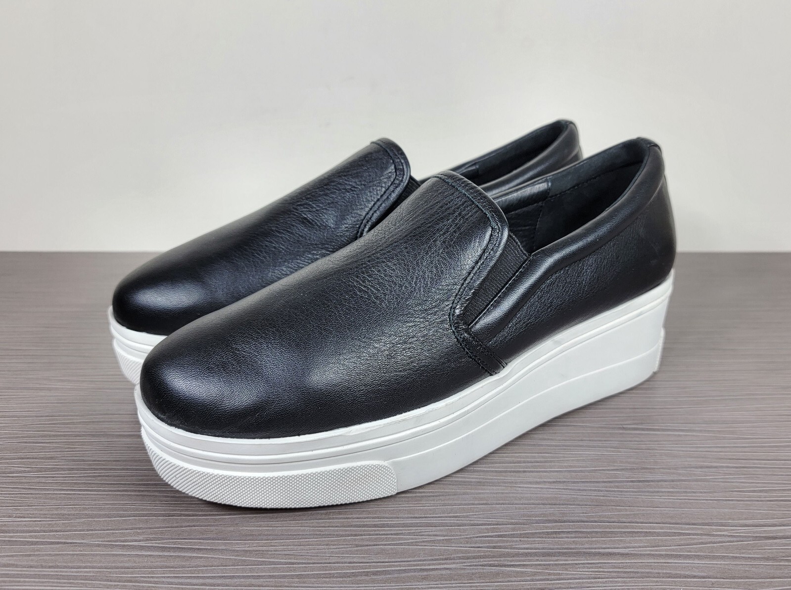 J/Slides Wedge/Platform Slip On Sneaker, Black Leather, Womens Size 9 US