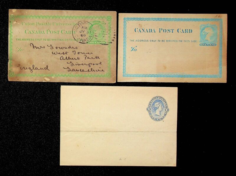 SEPHIL CANADA 1886 2c UPU POSTAL CARD TO GB+2 UNUSED 1c PS POSTCARD & WRAPPER