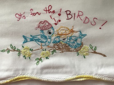 Birds Bees Hand Embroidered variegated Crochet Pair Pillow cases completed  PC49