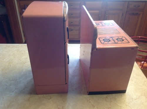 Vintage Pink Tin Toy Stove And Refridgerator