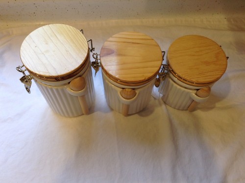 Vintage Cannisters Wood Top Spoons Ceramic Interior Set of 3