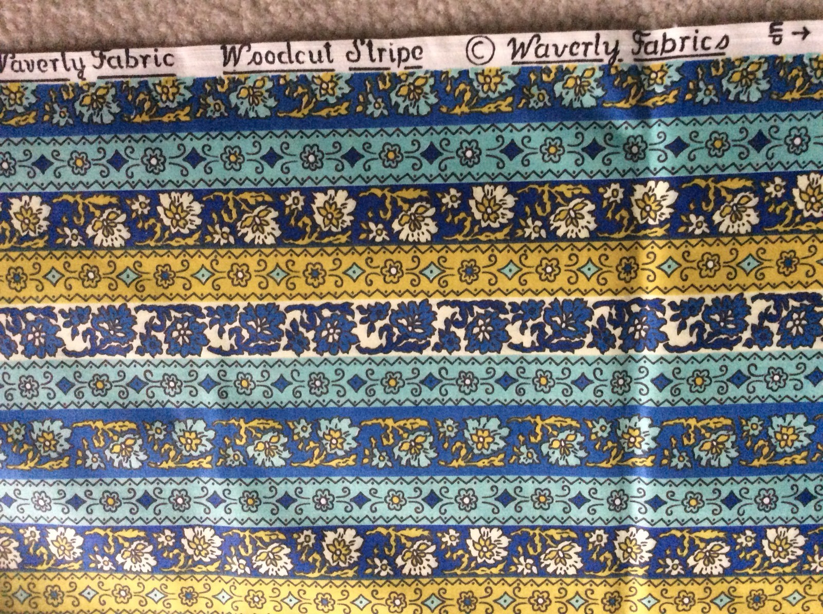 3 yards vintage Original Waverly Glosheen cotton fabric Woodcut Stripe blue gold