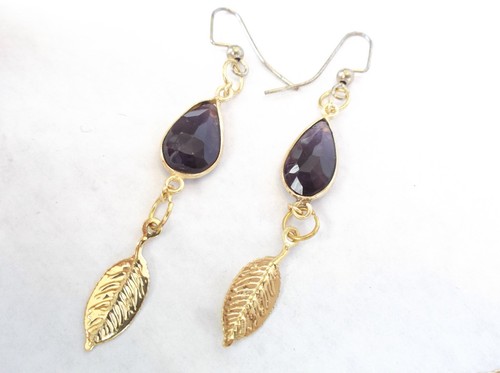 Leaf Design Amethyst Bead Bracelet And Drop Pierced Earrings Set