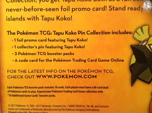 Pokemon TCG Tapu Koko Pin Collection Box Trading Card Game NEW
