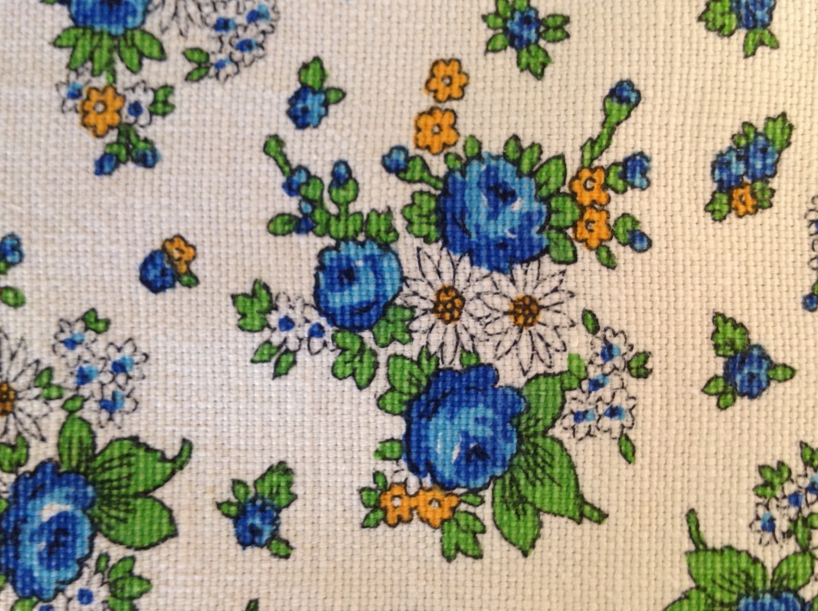 1970s Vtg 1.1 Yds Heavy Cotton Percale Blue Floral Fabric Material Sewing Retro