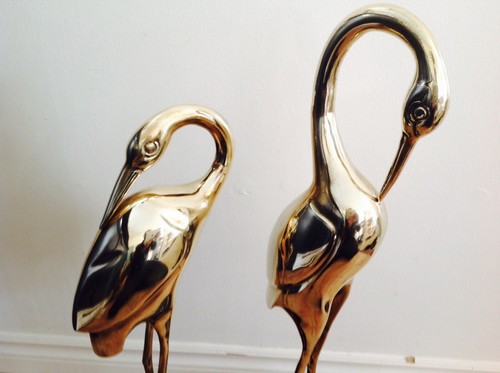 Vintage Huge Large Heavy Brass Brassware Heron Cranes Bird Marble Base - Pair