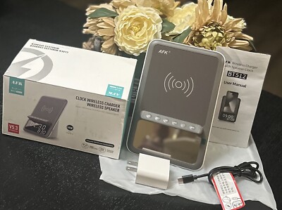AFK Wireless Charging Station Bluetooth Speaker and Alarm Clock White Gray, New