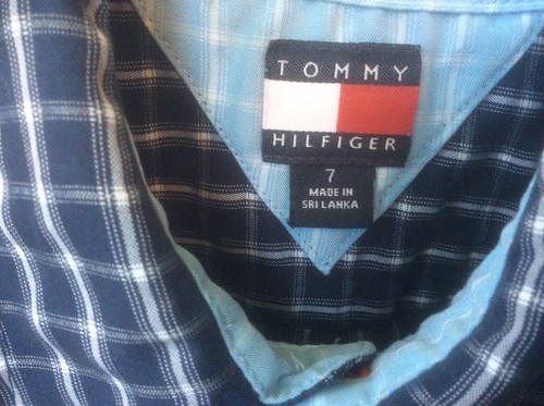 Boys Tommy Hilfiger Short Sleeve Navy Blue Plaid Button Up Dress Shirt Size 7