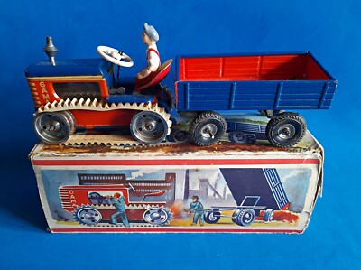1950s Gama caterpillar clockwork tractor & trailer - boxed