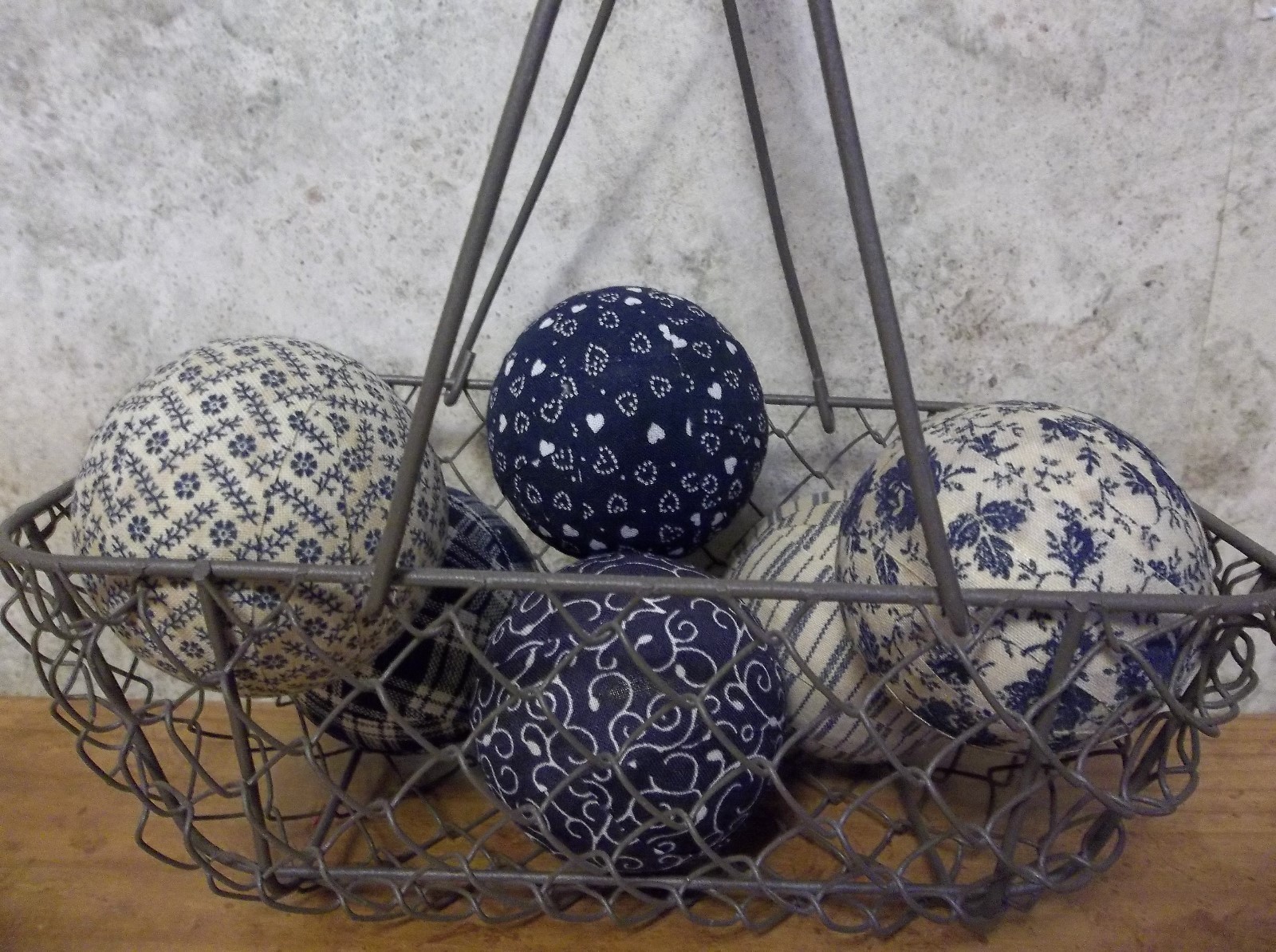 6 Blue Homespun Rag Balls Prim Rustic Farmhouse Bowl Basket Jar Fillers, New