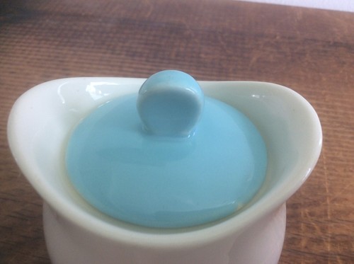 Mid Century Canonsburg Temporama Sugar Bowl & Lid White AQUA TAN Atomic Design