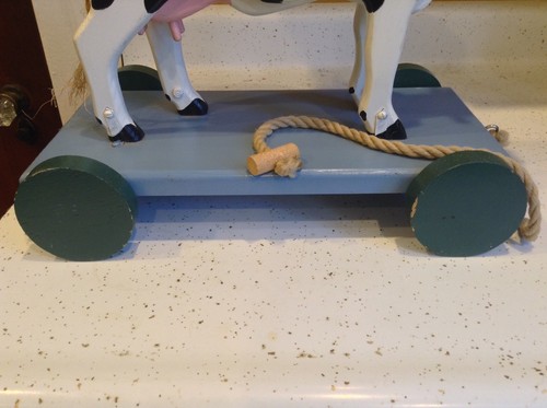 Vintage Primitive Cow Pull Toy Wheels Wooden