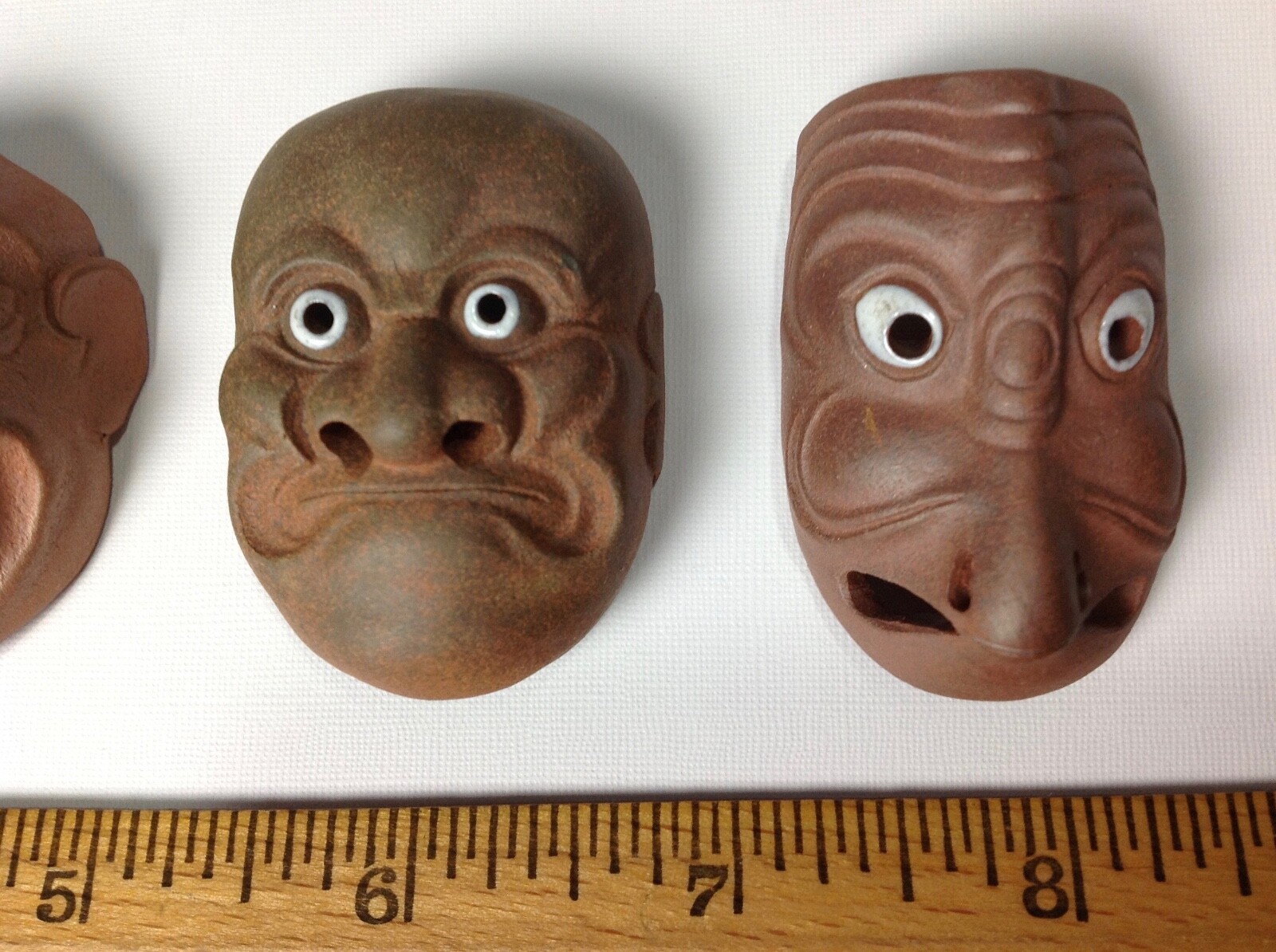 4 Signed Vintage Japanese Miniature Ceramic Pottery Clay Noh Mask Netsuke Enamel