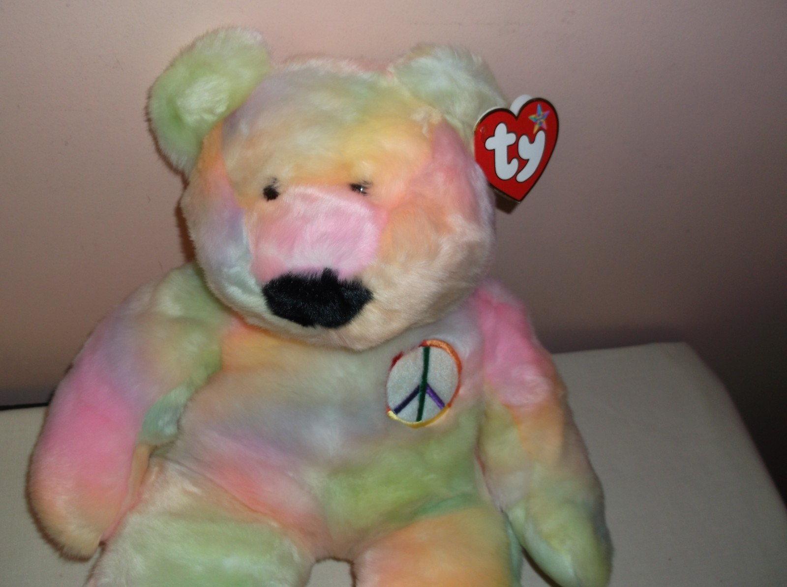 ADORABLE SUPER SOFT TY BEANIE BUDDY LARGE PEACE BEAR Pastel Tie-Dyed 1999 NWT