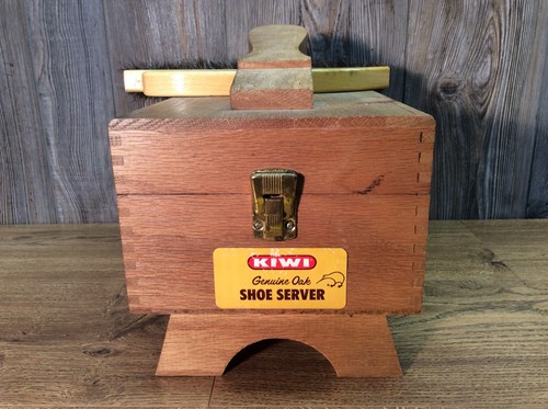 Vintage Kiwi Genuine Oak Shoe Server Full Of Accessories Shoe Shine Brushes K5