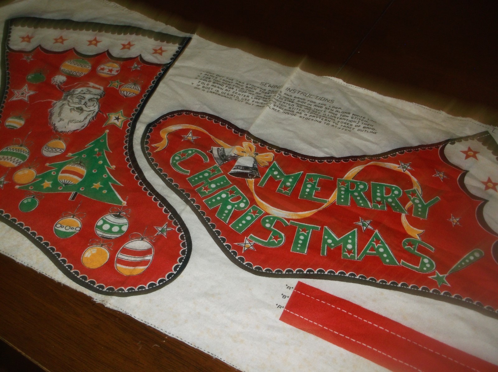 vtg old Christmas sock print fabric panel cut out,18
