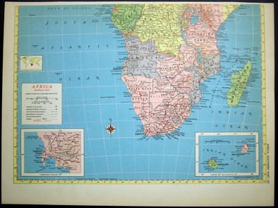 1952 Map Australia and New Zealand with Five Insets or Southern Africa