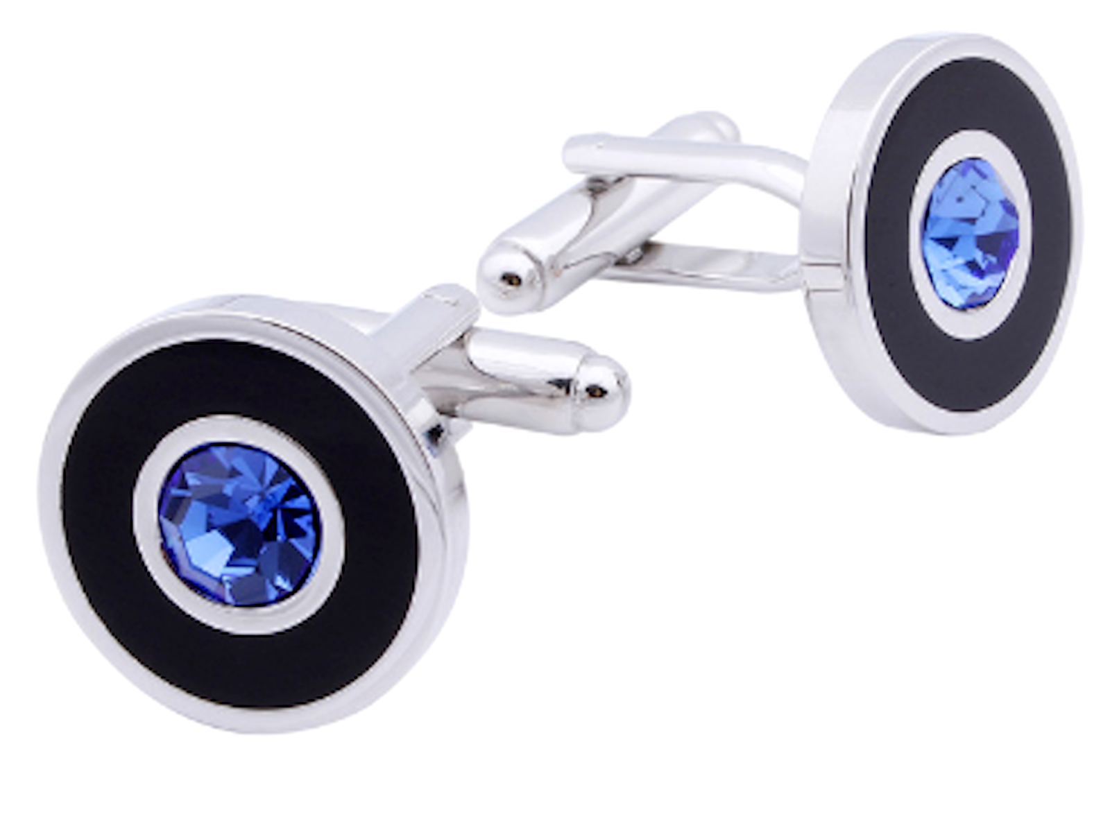 Round black cufflinks with blue faux crystal center mens jewelry