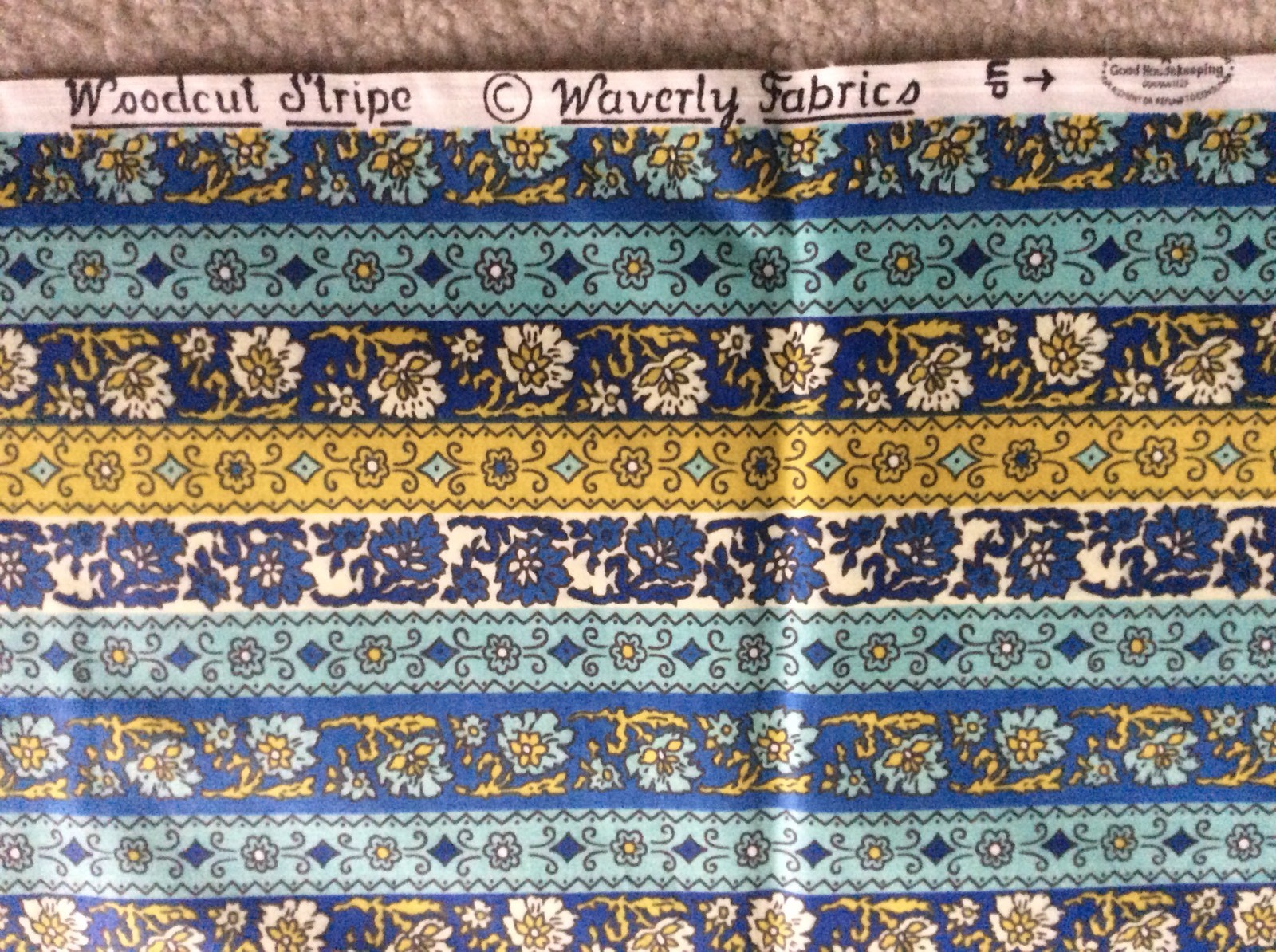 3 yards vintage Original Waverly Glosheen cotton fabric Woodcut Stripe blue gold