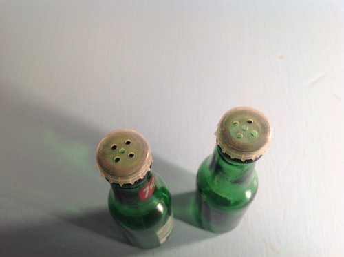 Vintage Green Glass 7-up soda bottle salt and pepper shakers