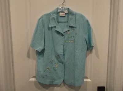 New w/out tags Alfred Dunner womens 14 short sleeve button down top blue white