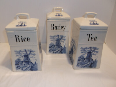 Vintage Blue/White Delft Windmill German Tea/Barley/Rice containers -Lot of 3
