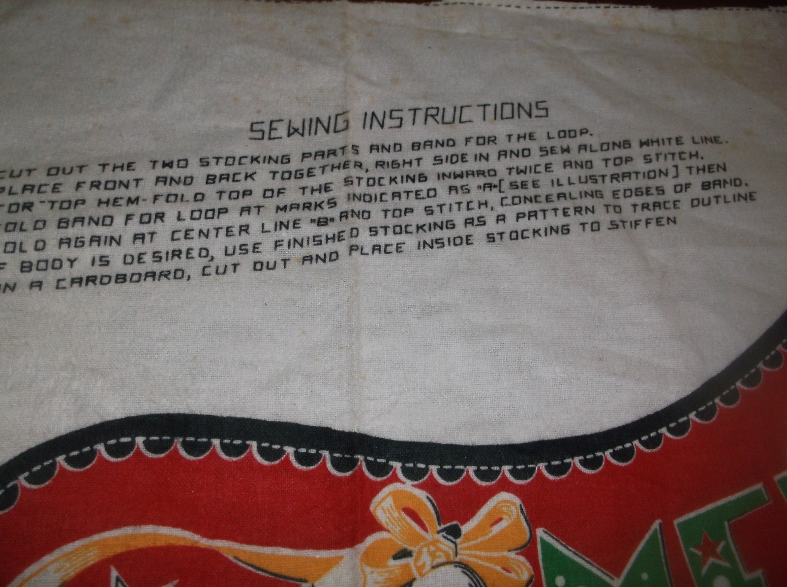 vtg old Christmas sock print fabric panel cut out,18