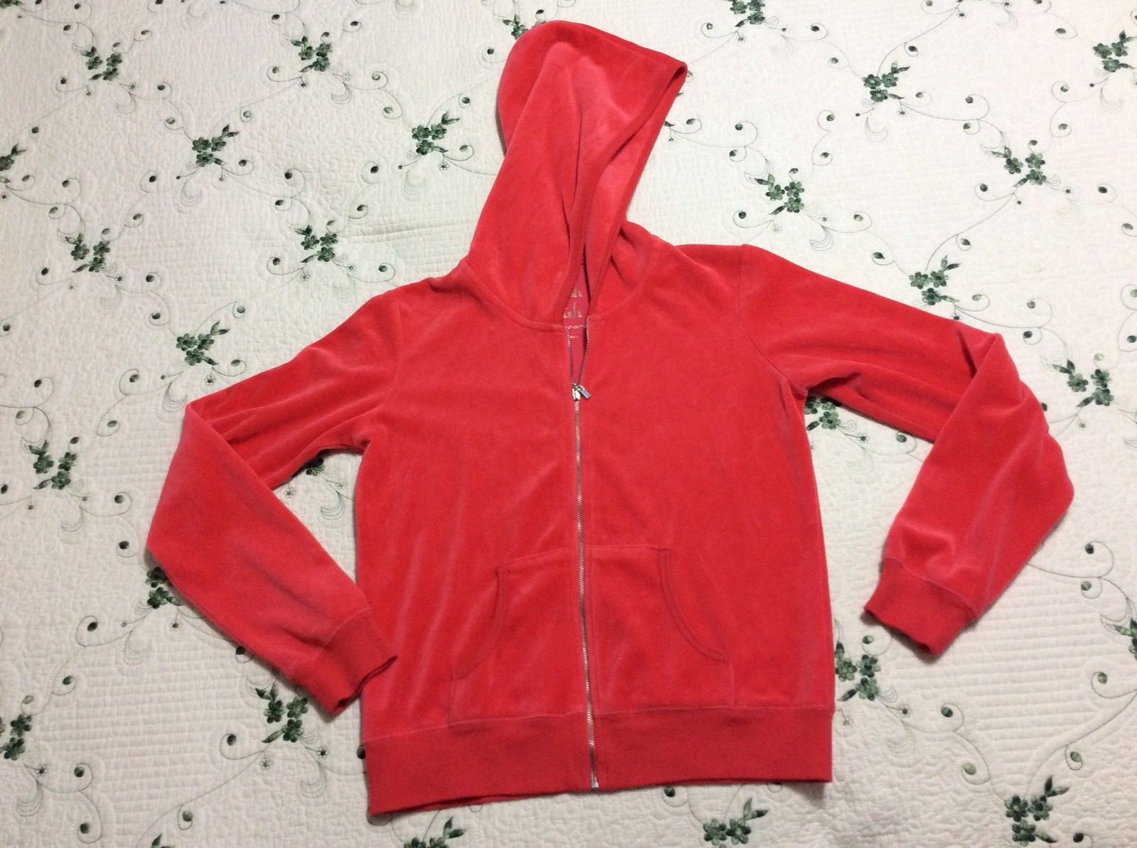 GIRL’S SIZE M “PLUSH & LUSH” PEACH COLORED, VELOUR, FRONT ZIP, HOODED SWEATSHIRT