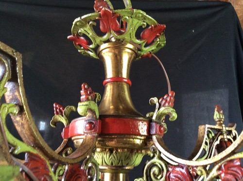Antique Victorian 5 Arm Chandelier Original Paint Red Roses 1920s Rare
