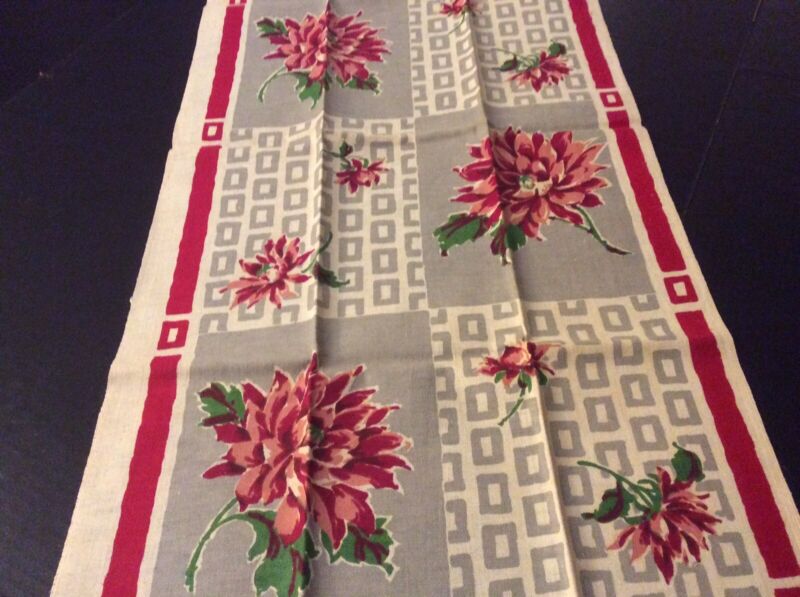 3 VTG Linen Tea Towel-Maroon/Pink Flowers, Gray, White Abstract-1940