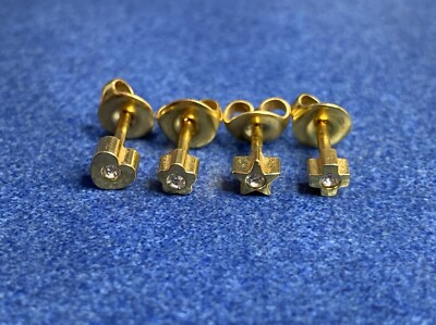 x4 Gold Faux Diamond Ear Piercing Earrings Studex Studs Set Hypoallergenic Heart