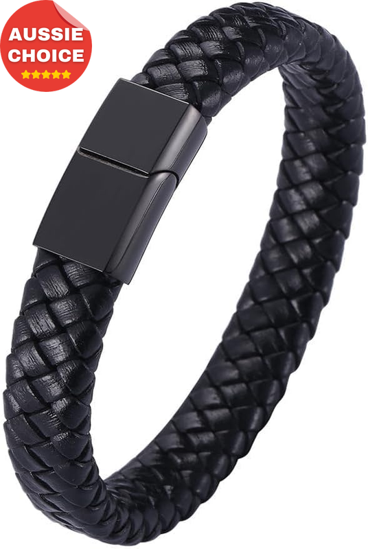 Men's Leather Braided Bracelet Cuff Stainless Steel Clasp Silver Gold