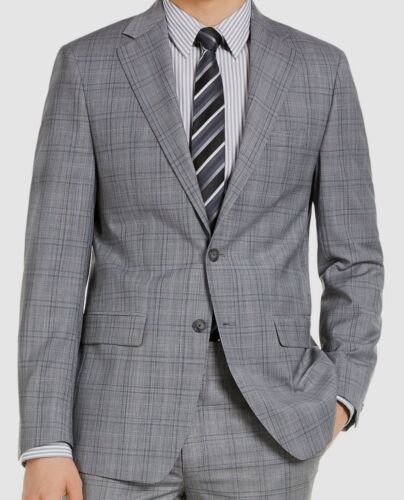 Pre-owned Calvin Klein $450  Mens Gray Plaid Slim-fit Infinite Stretch Suit Jacket Size 38r