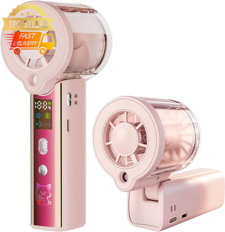 5-in-1 Portable Handheld Spray Fan, USB Rechargeable, 100 Speeds, Pink