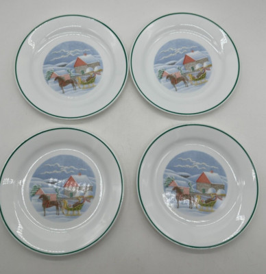 4 Corelle Country Memories Salad Plates Christmas Sleigh Corning Horse 7 1/4 New