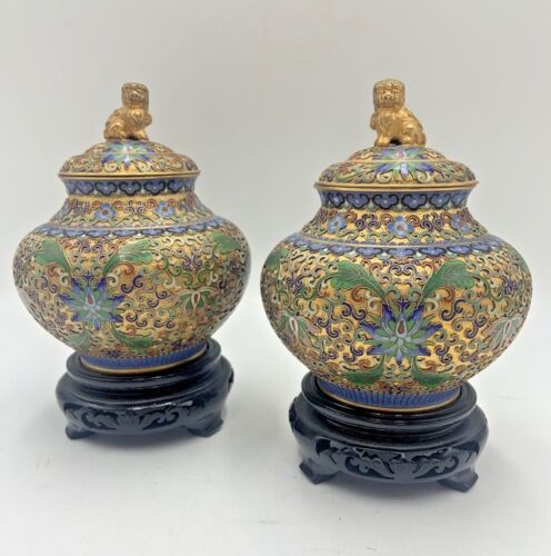 Pair Chinese Champlevé Jars Gold Foo Lion Dog Finial with Custom Wood Stands