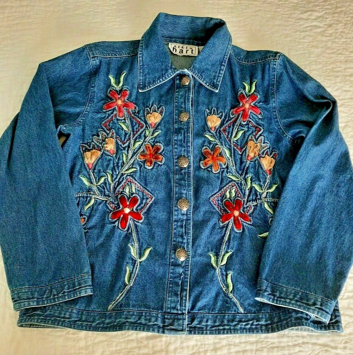Keren Hart Jean Jacket Raised Chenille Flowers Embroidery