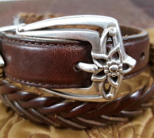 Brighton Womens Brown Braided Leather Belt Silver Trim Flowers Sz S 28 Western
